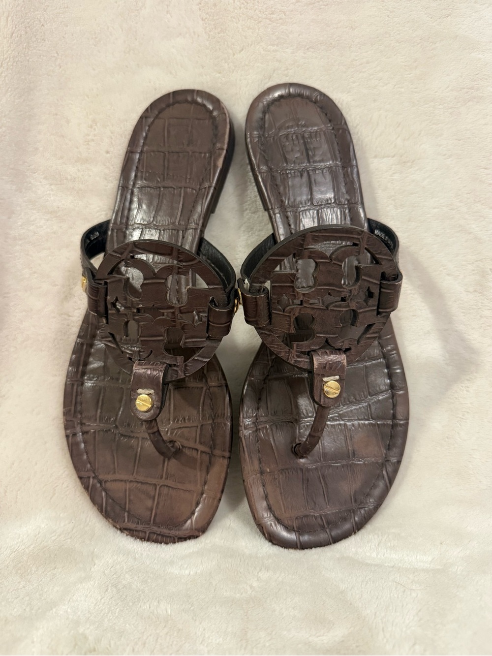 Tory Burch Dark Brown Croc-Embossed Miller Thong Sandals